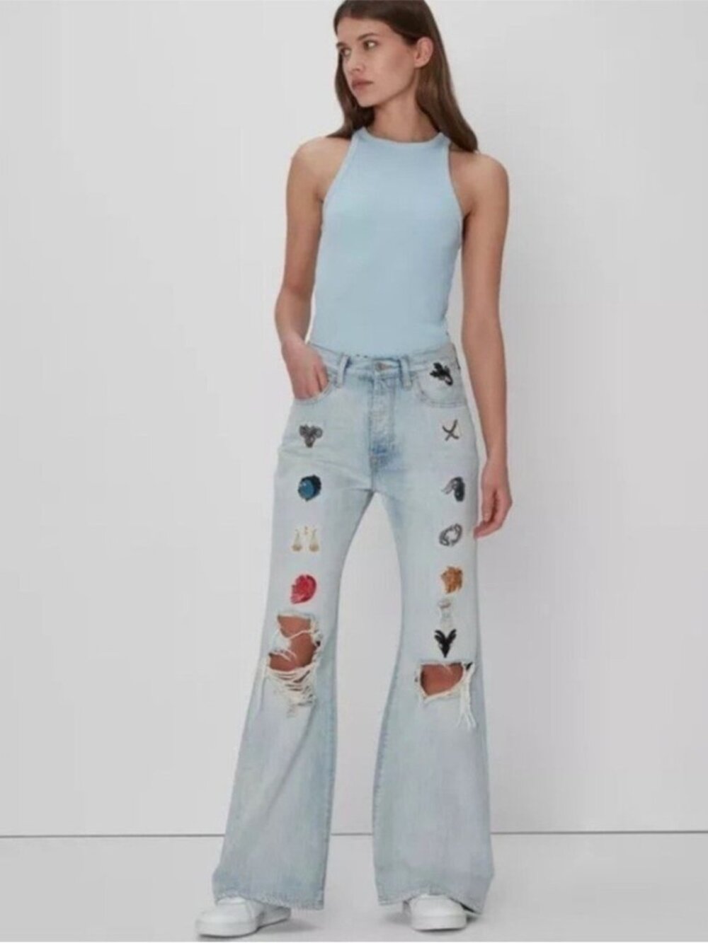 7 For All Mankind Zodiac Button Fly Easy Flare Jeans Ladies 27 Embellished BOHO
